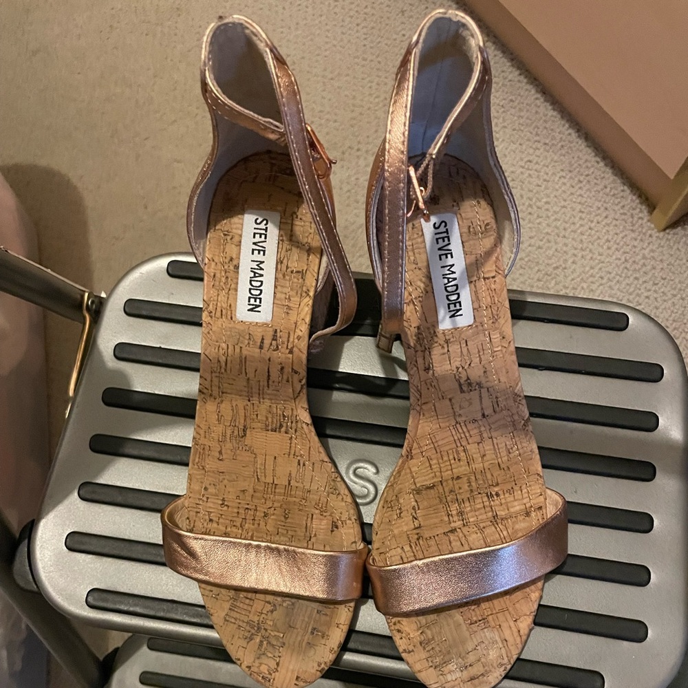Rose Gold Steve Madden Cork Block Heel Sandals
